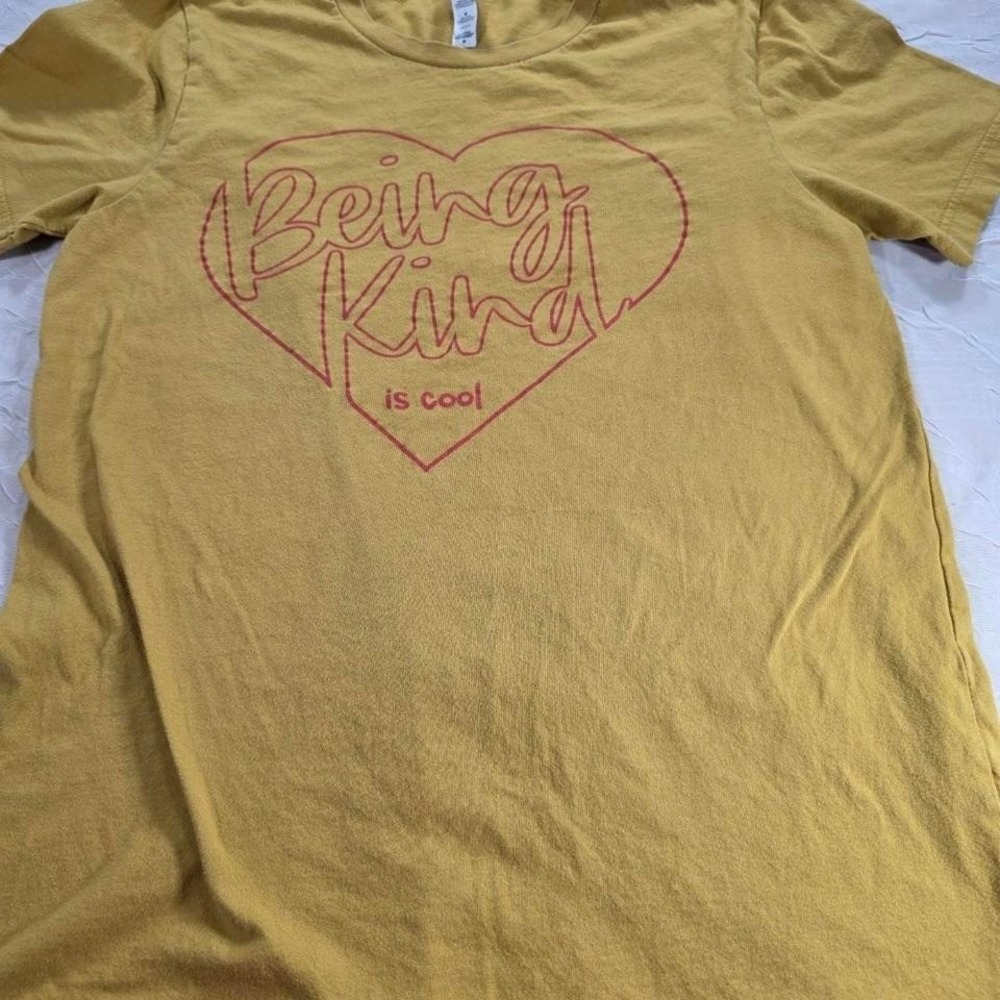 Bella Canvas Being Kind Is Cool Graphic Tee Mustard Yellow Pink Heart Shirt M